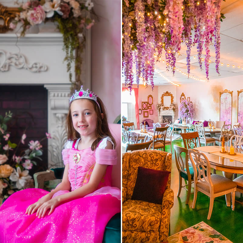 Photo of inside the venue featuring a magical looking tree and a little girl dressed like a princess.